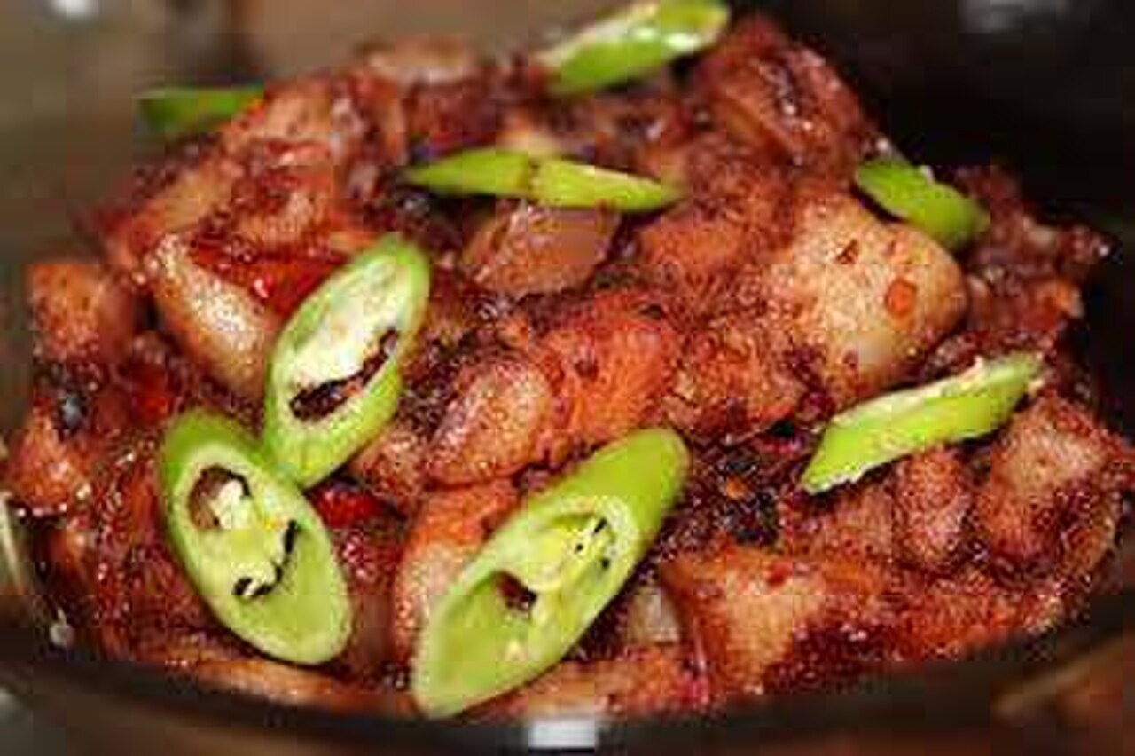 Pork Binagoongan: Filipino Pork with Shrimp Paste and Eggplant - Pork Binagoongan serving photo.
