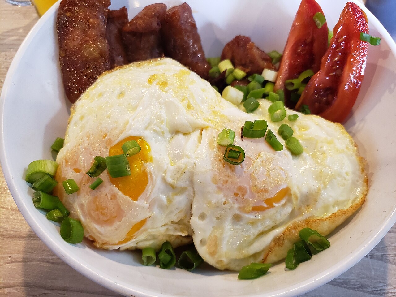 Longsilog: Filipino Longganisa Breakfast Plate - Longsilog (longanisa & finadene tomato, with two eggs, served over garlic rice) served at Mexipino Craft in the Otay.