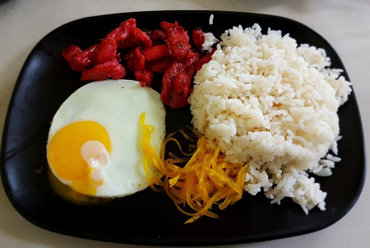 Tocino Breakfast Sandwich with Garlic Mayo - Pork tocino silog with eggs, rice, and atchara.