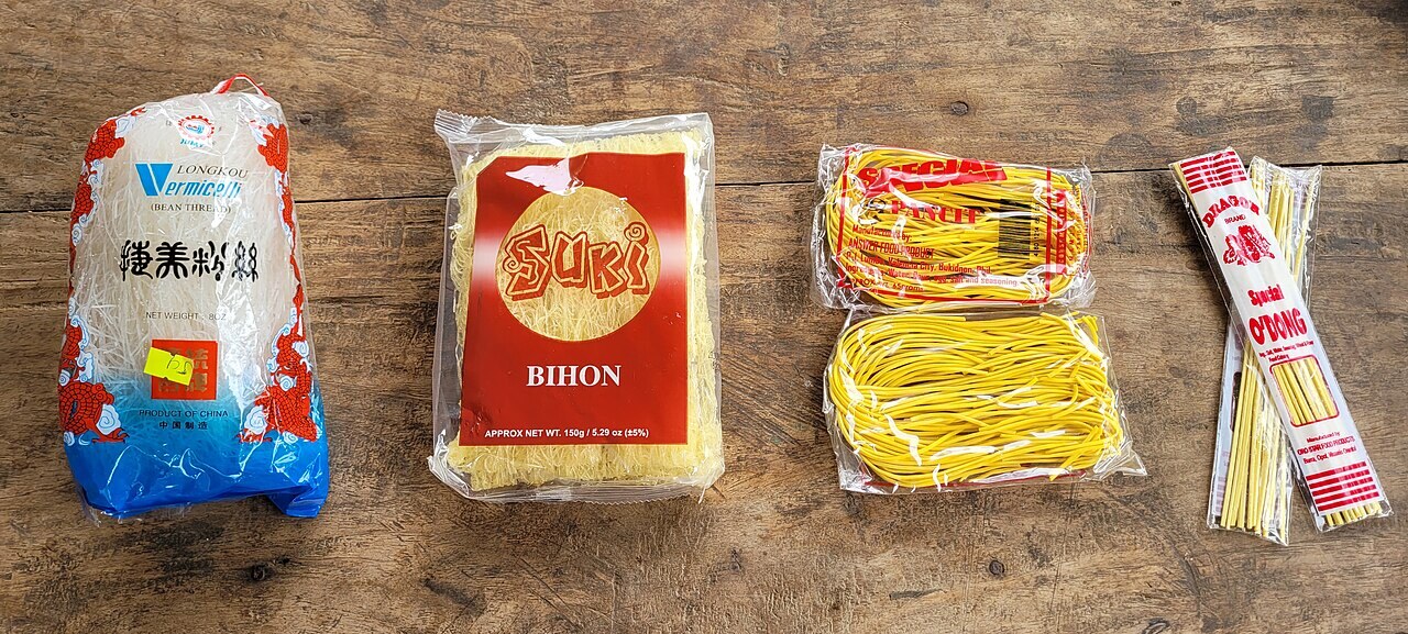 Pancit Guide: Bihon, Canton, Palabok, Sotanghon, and More - Four pancit noodle types: sotanghon, bihon, miki, and odong.