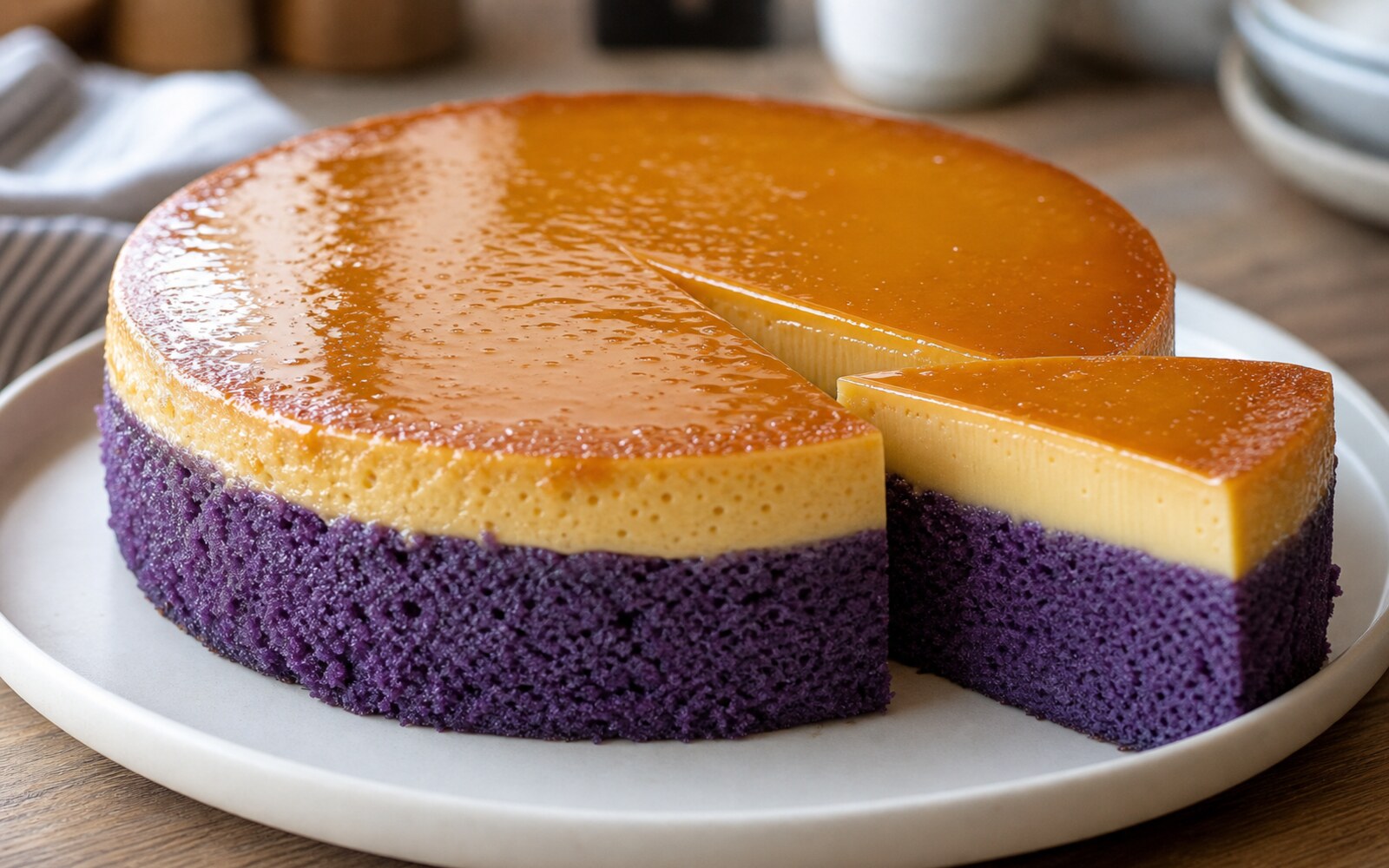 Ube custard cake with glossy caramel and purple sponge.