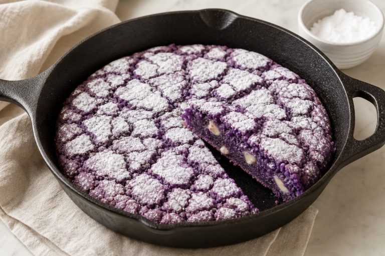 Ube skillet crinkle cookie baked in a cast-iron skillet with a fudgy purple center