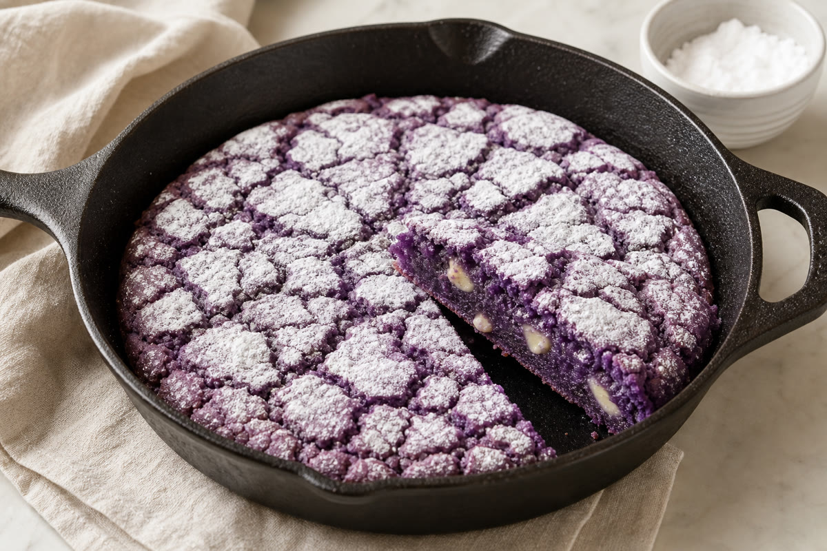 Ube skillet crinkle cookie baked in a cast-iron skillet with a fudgy purple center