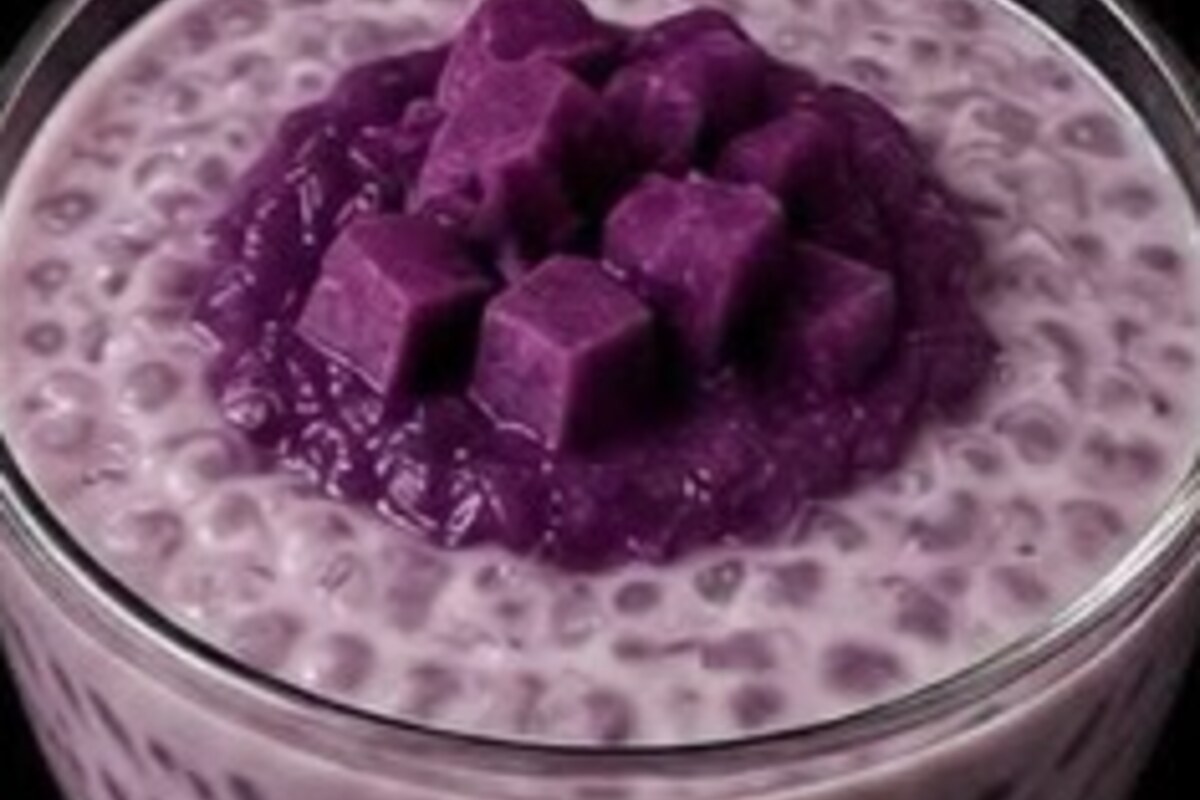Ube Tapioca Pudding serving idea.